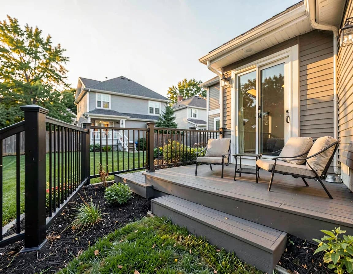 Newly built composite backyard deck with railings and furniture