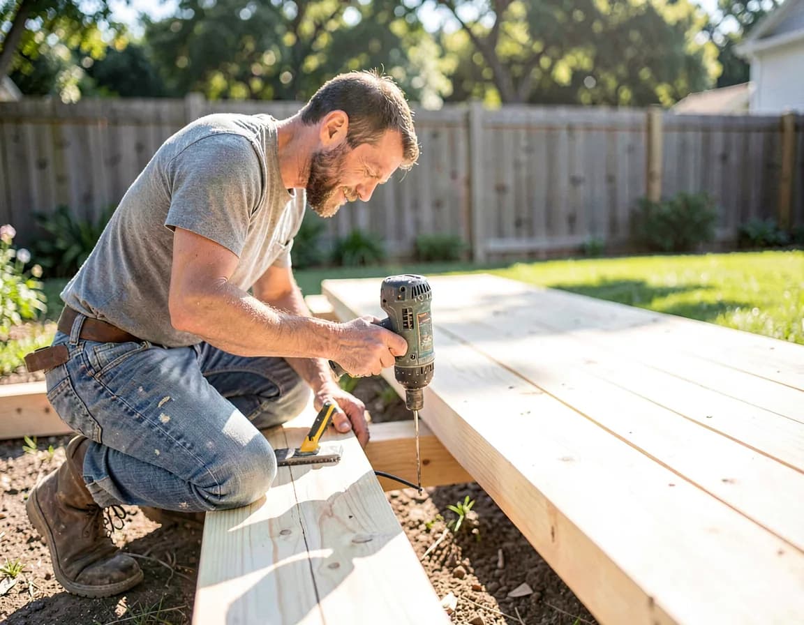 Carpenter installing fresh deck boards with a power drill